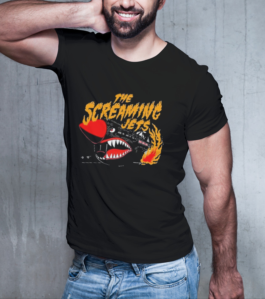The Screaming Jets Flaming Jet With Fiery Cartoon Jet Fighter T-Shirt