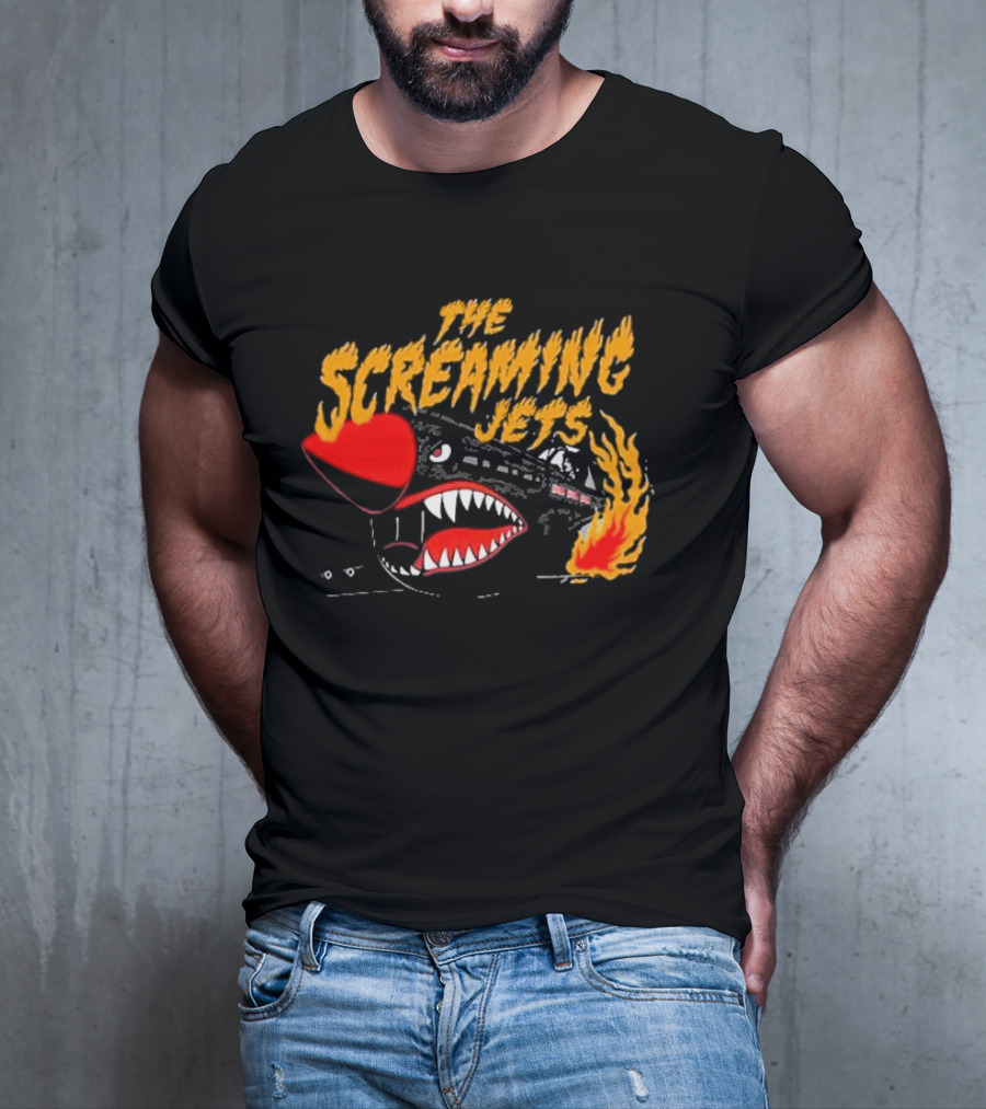 The Screaming Jets Flaming Jet With Fiery Cartoon Jet Fighter T-Shirt