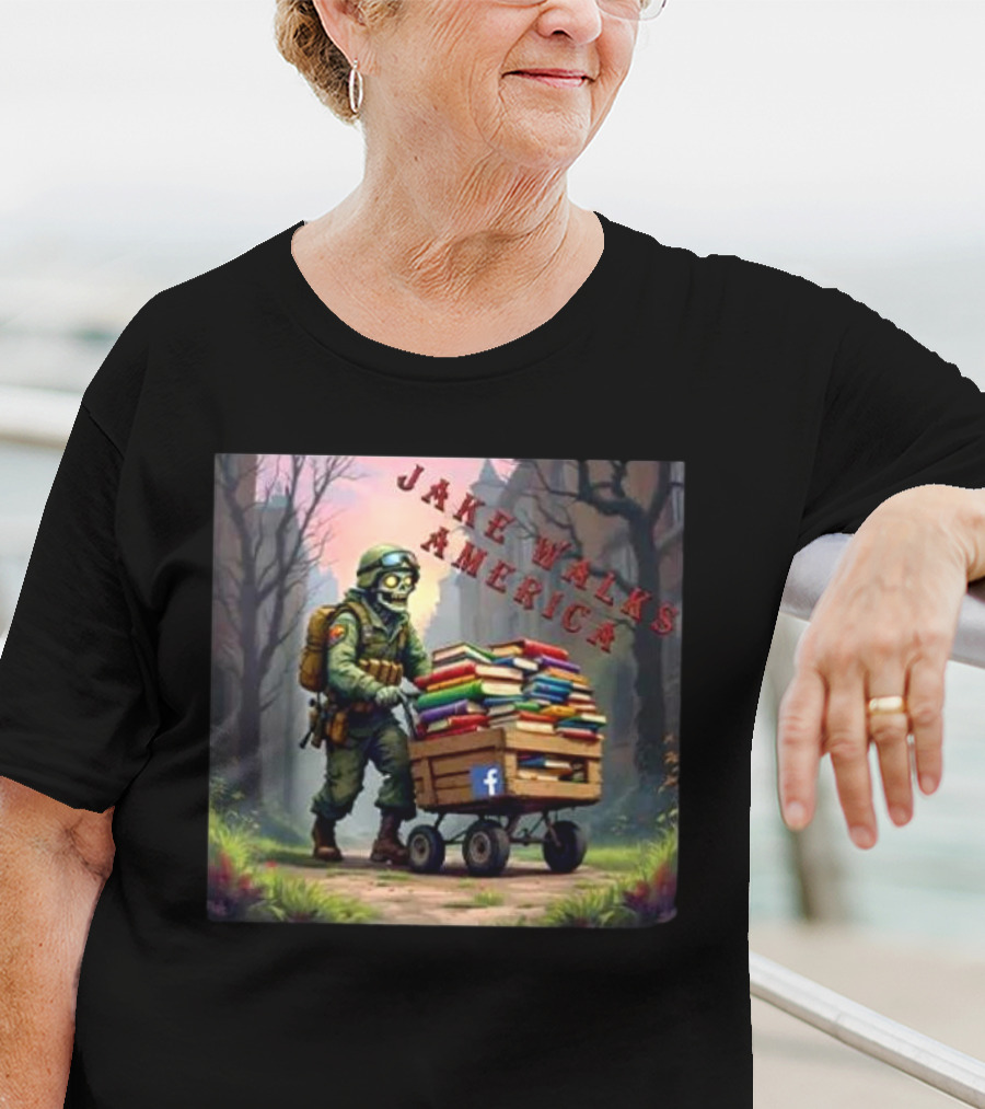 Zombie Soldier Pushing Book Cart Jake Walks America T-Shirt