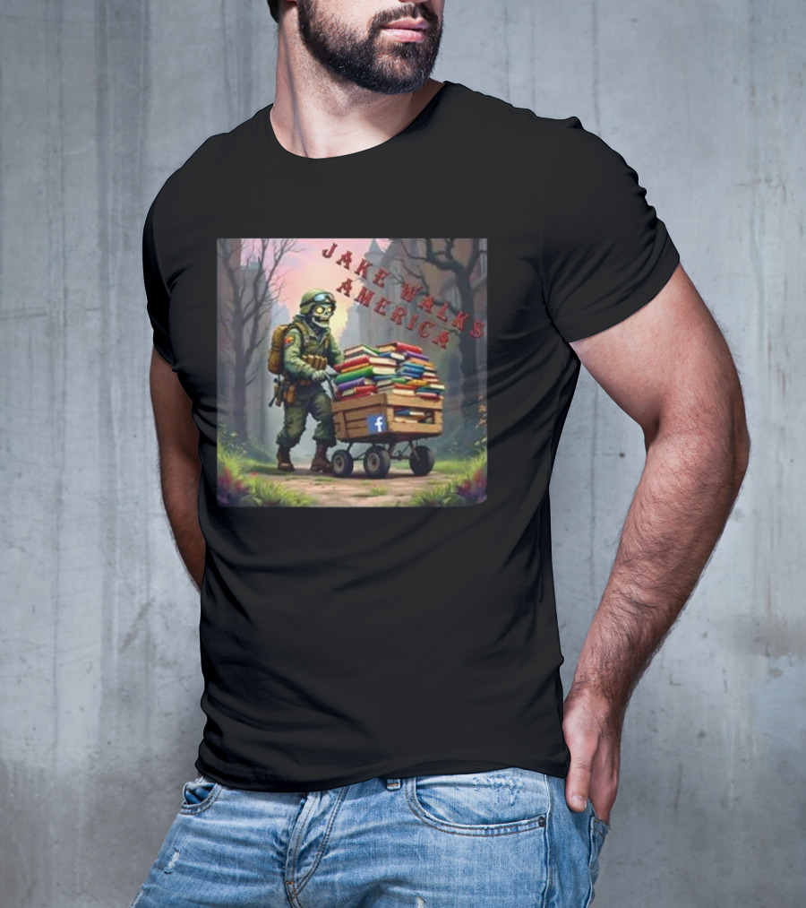 Zombie Soldier Pushing Book Cart Jake Walks America T-Shirt