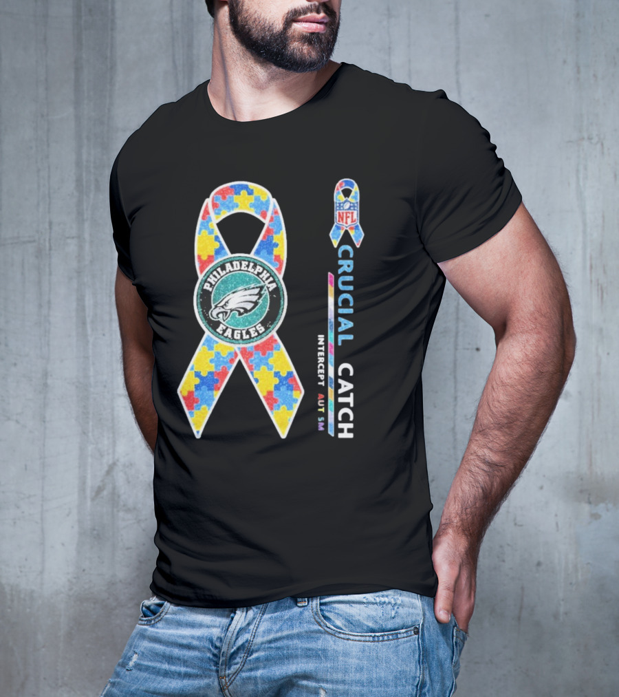Philadelphia Eagles Autism Awareness Crucial Catch NFL Puzzle Ribbon T-Shirt