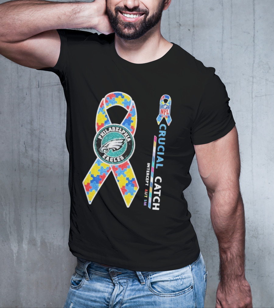 Philadelphia Eagles Autism Awareness Crucial Catch NFL Puzzle Ribbon T-Shirt