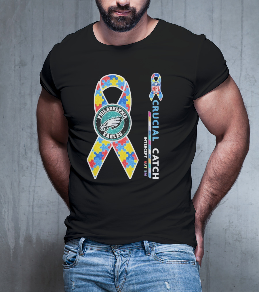 Philadelphia Eagles Autism Awareness Crucial Catch NFL Puzzle Ribbon T-Shirt