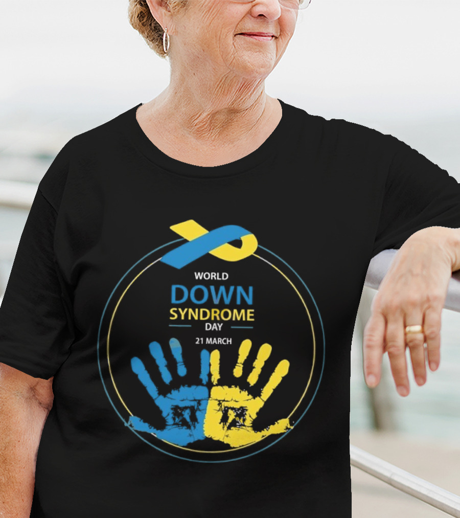 World Down Syndrome Day 21 March Blue Yellow Handprint Ribbon T-Shirt