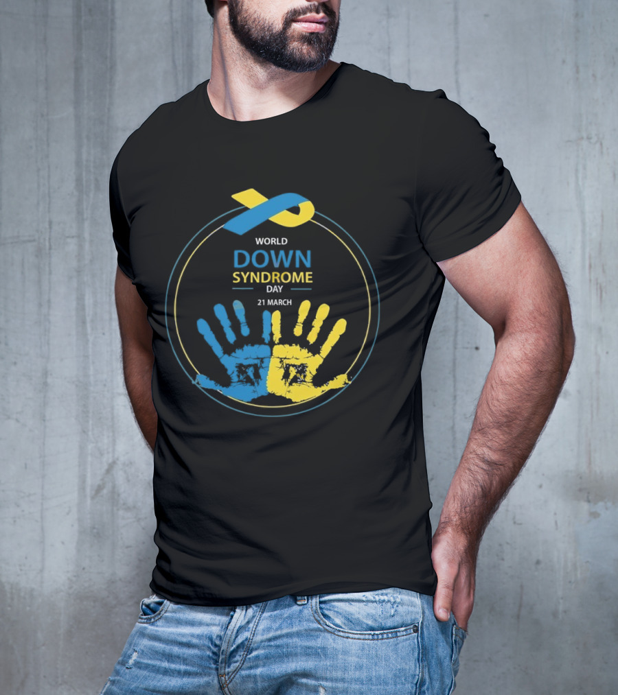 World Down Syndrome Day 21 March Blue Yellow Handprint Ribbon T-Shirt