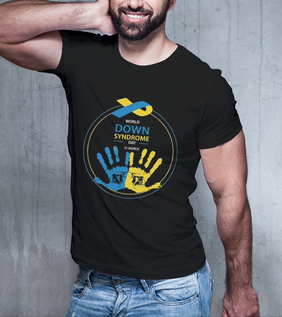 World Down Syndrome Day 21 March Blue Yellow Handprint Ribbon T-Shirt