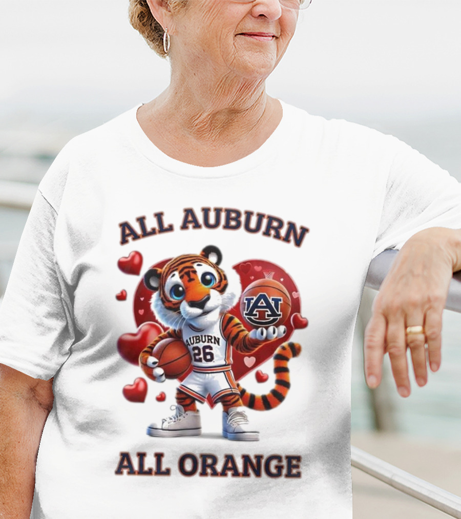 All Auburn All Orange Auburn Tigers Basketball Mascot Hearts T-Shirt
