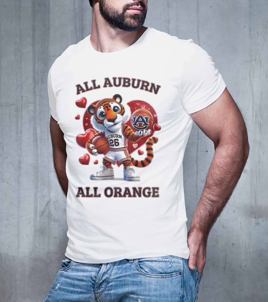 All Auburn All Orange Auburn Tigers Basketball Mascot Hearts T-Shirt
