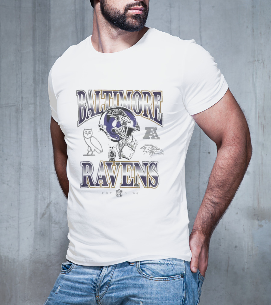 Baltimore Ravens OVO Heather Style With Classic Mascot And Football Graphics T-Shirt