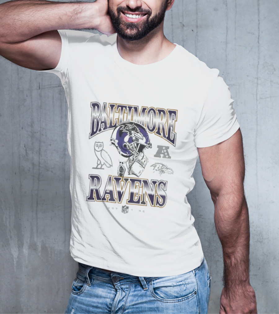 Baltimore Ravens OVO Heather Style With Classic Mascot And Football Graphics T-Shirt