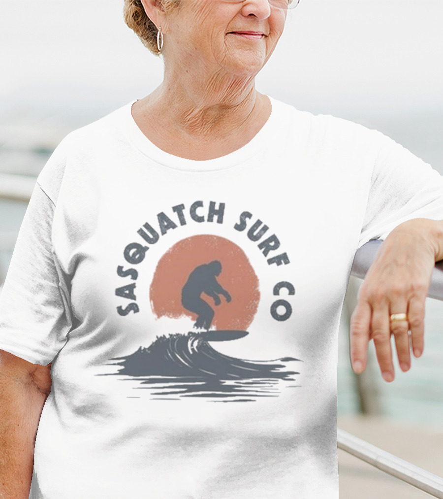 Sasquatch Surf Co Blurry Creatures Surfing Bigfoot Wave Sunset T-Shirt