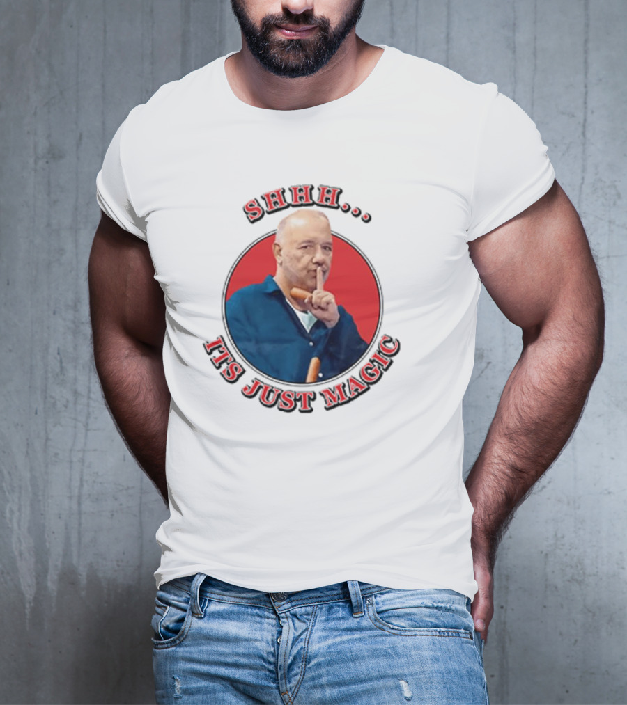 Bob Mortimer Shhh It's Just Magic Finger Gesture Silence Humor T-Shirt