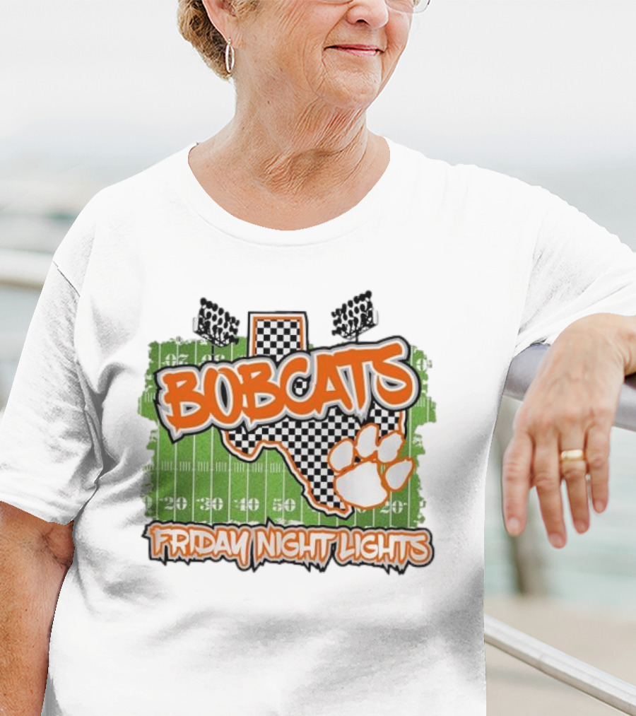 Bobcats Friday Night Lights Texas Football Paw Print Field Checkerboard T-Shirt