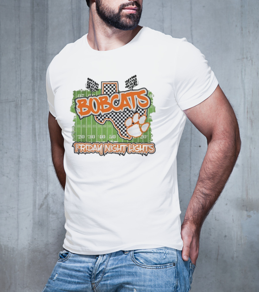 Bobcats Friday Night Lights Texas Football Paw Print Field Checkerboard T-Shirt