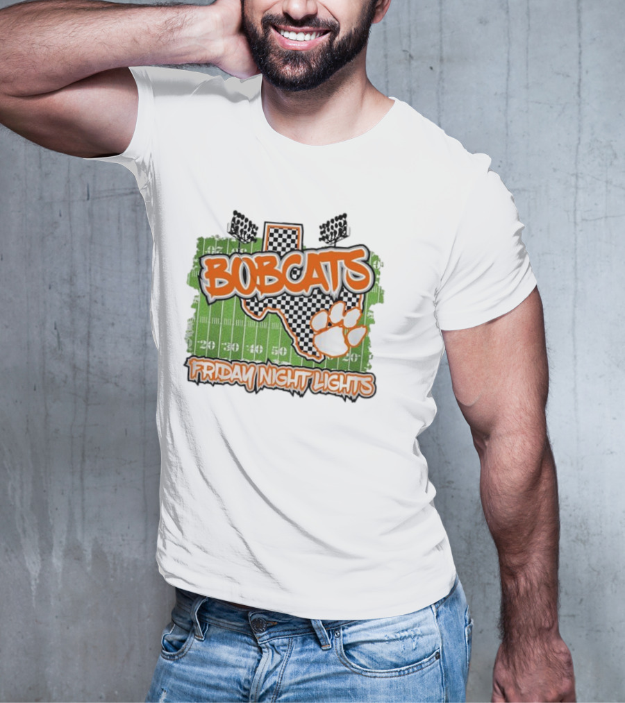 Bobcats Friday Night Lights Texas Football Paw Print Field Checkerboard T-Shirt