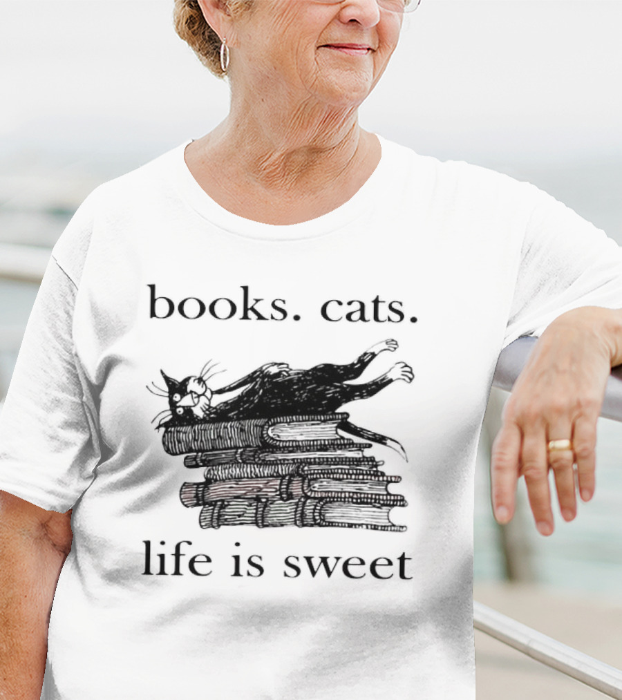 Books Cats Life Is Sweet Relaxing Cat On Stacked Books With Coffee Cup T-Shirt