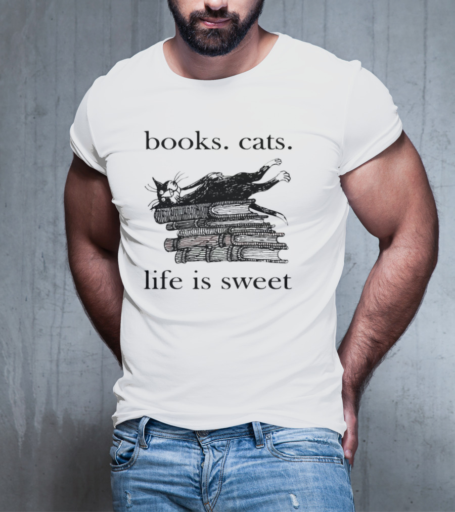 Books Cats Life Is Sweet Relaxing Cat On Stacked Books With Coffee Cup T-Shirt
