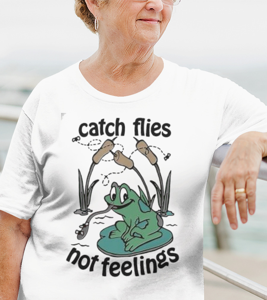 Catch Flies Not Feelings Frog On Lily Pad With Swirling Flies T-Shirt