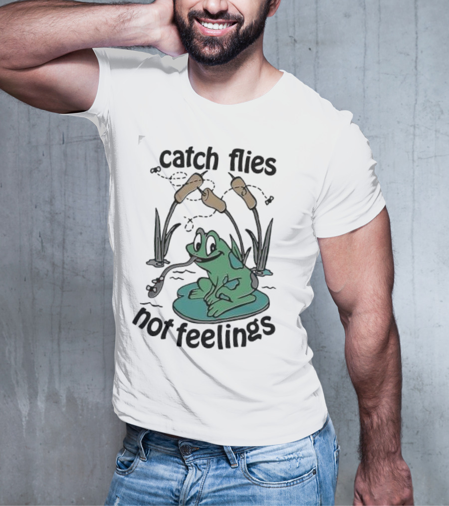 Catch Flies Not Feelings Frog On Lily Pad With Swirling Flies T-Shirt