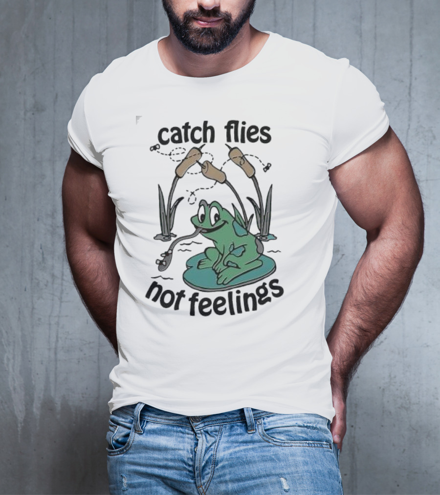 Catch Flies Not Feelings Frog On Lily Pad With Swirling Flies T-Shirt