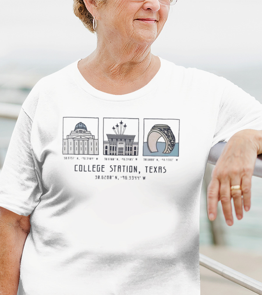 College Station Texas Landmark Icons With Latitude And Longitude Coordinates T-Shirt