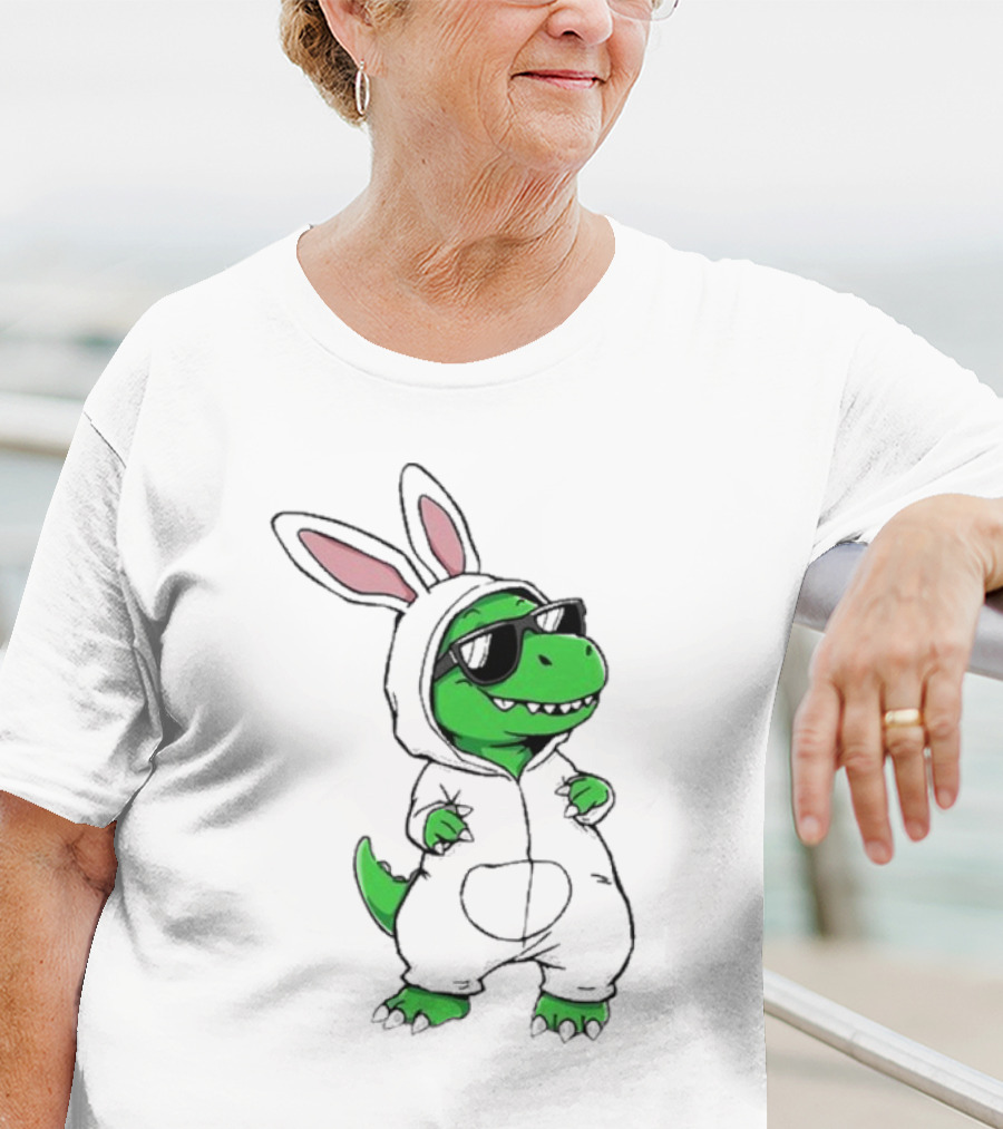Cool Dino Wearing Easter Bunny Rabbit Costume With Sunglasses T-Shirt