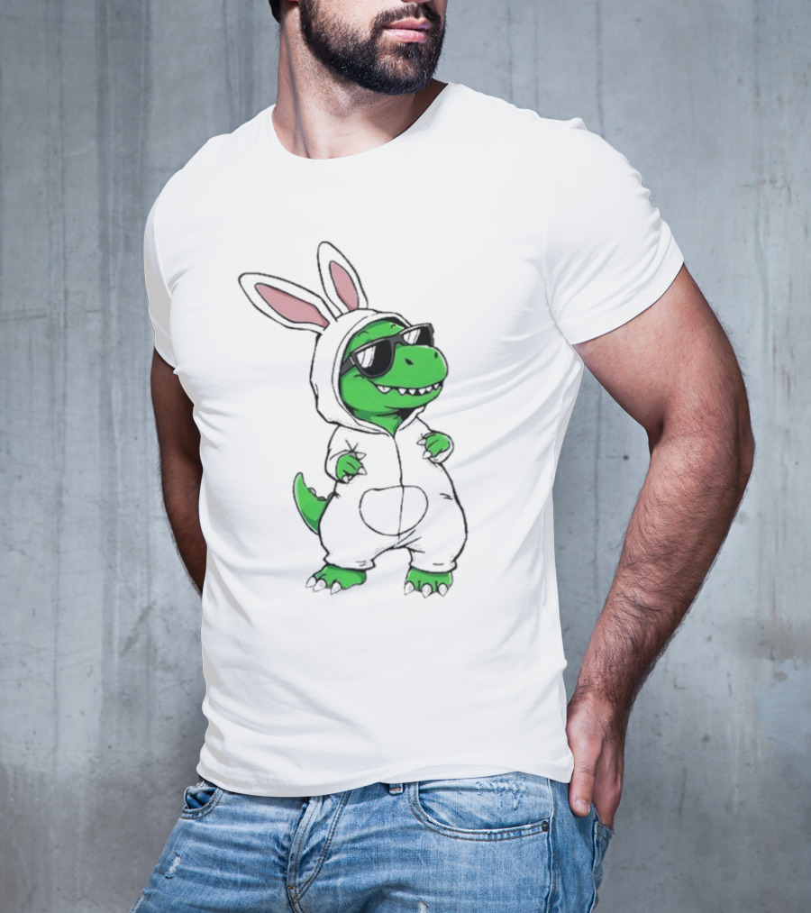 Cool Dino Wearing Easter Bunny Rabbit Costume With Sunglasses T-Shirt