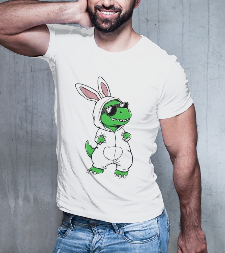 Cool Dino Wearing Easter Bunny Rabbit Costume With Sunglasses T-Shirt