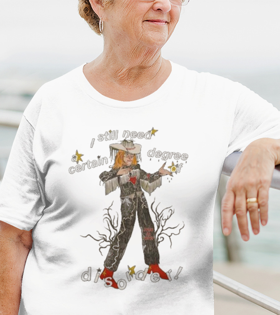 Cowboy Hayley I Still Need A Certain Degree Of Disorder Star Motif Western Outfit White Cowboy Hat Fringe Red Boots T-Shirt