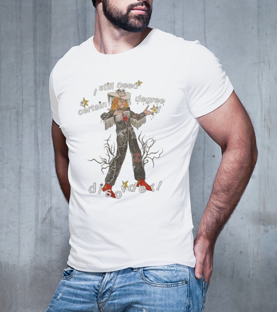 Cowboy Hayley I Still Need A Certain Degree Of Disorder Star Motif Western Outfit White Cowboy Hat Fringe Red Boots T-Shirt