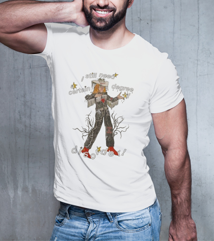 Cowboy Hayley I Still Need A Certain Degree Of Disorder Star Motif Western Outfit White Cowboy Hat Fringe Red Boots T-Shirt