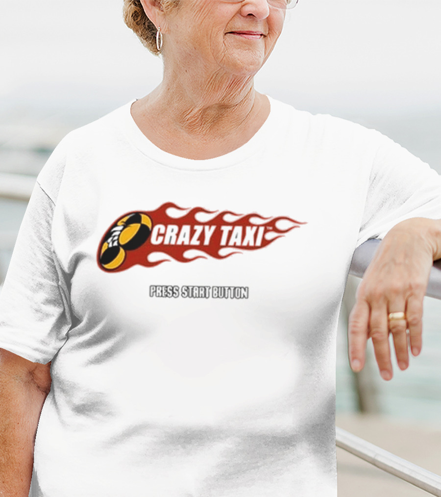 Crazy Taxi Press Start Button Iconic Video Game Flames Graphic T-Shirt