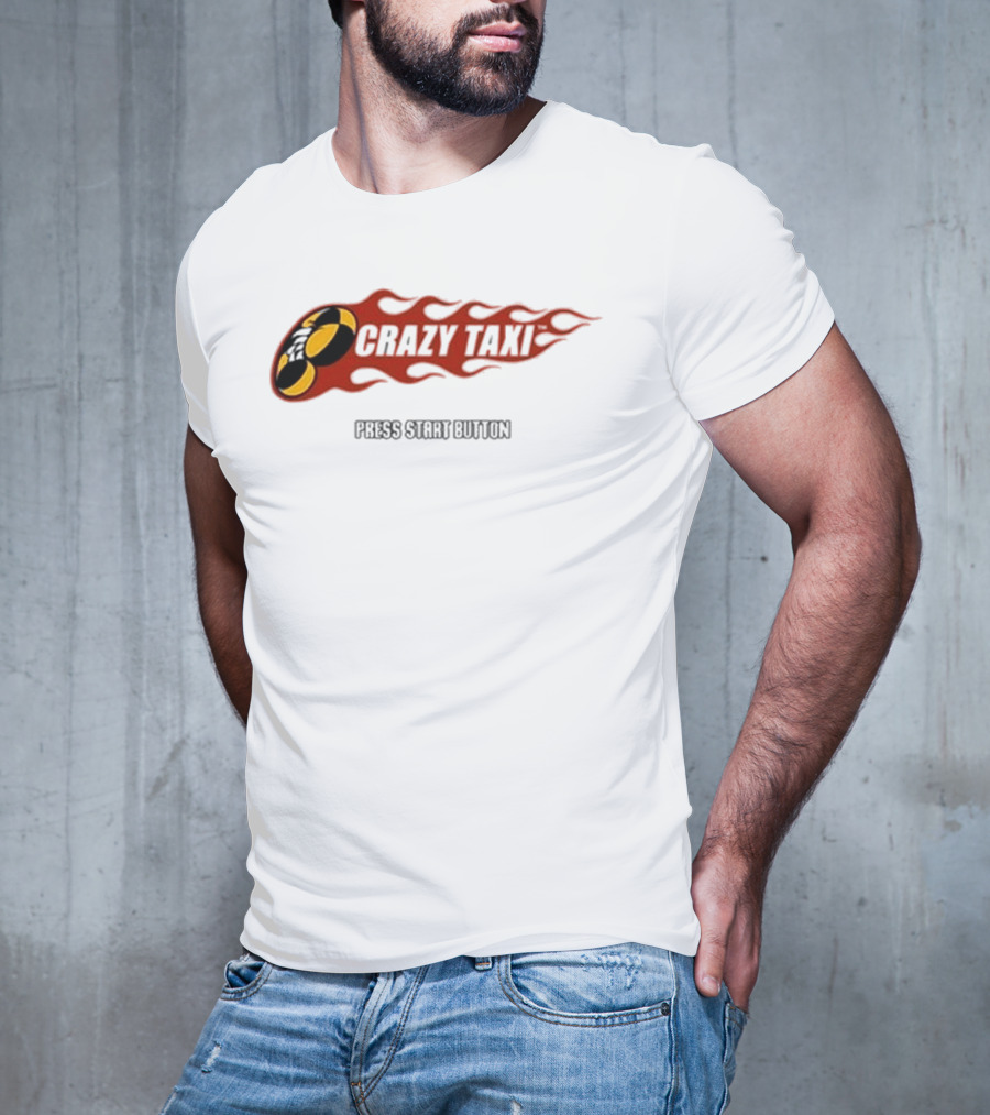 Crazy Taxi Press Start Button Iconic Video Game Flames Graphic T-Shirt
