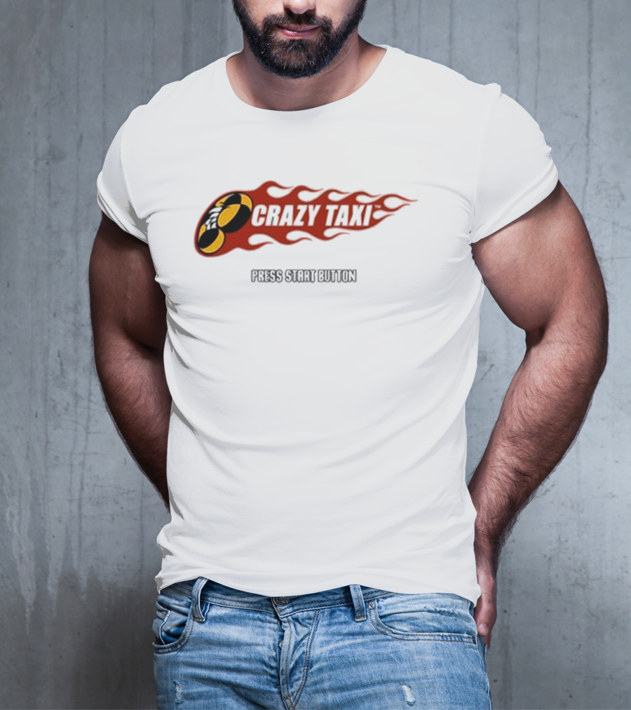 Crazy Taxi Press Start Button Iconic Video Game Flames Graphic T-Shirt