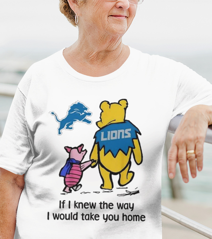 Detroit Lions Winnie The Pooh Piglet Walking Holding Hands T-Shirt