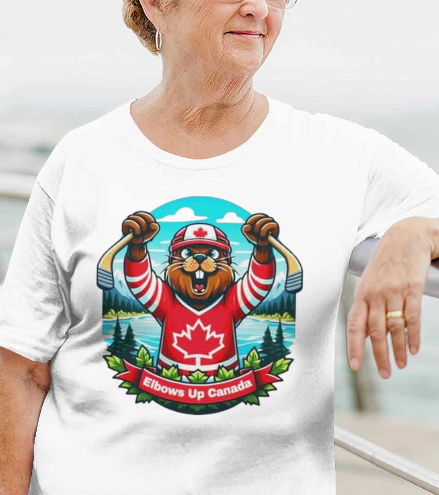 Elbows Up Canada Beaver Mascot Hockey Celebration Canadian Maple Leaf Forest T-Shirt