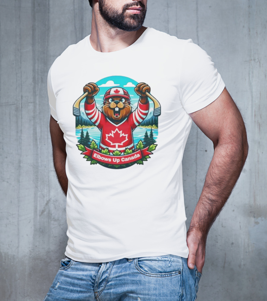 Elbows Up Canada Beaver Mascot Hockey Celebration Canadian Maple Leaf Forest T-Shirt
