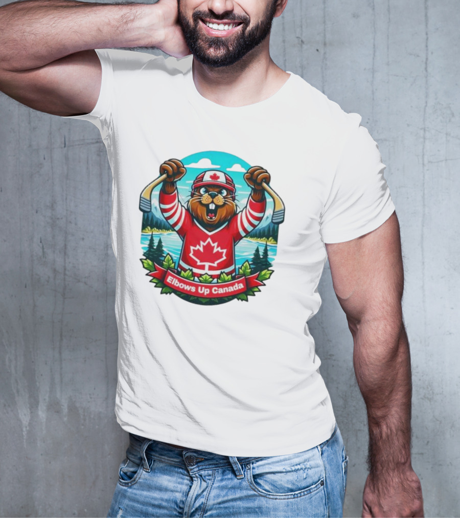 Elbows Up Canada Beaver Mascot Hockey Celebration Canadian Maple Leaf Forest T-Shirt