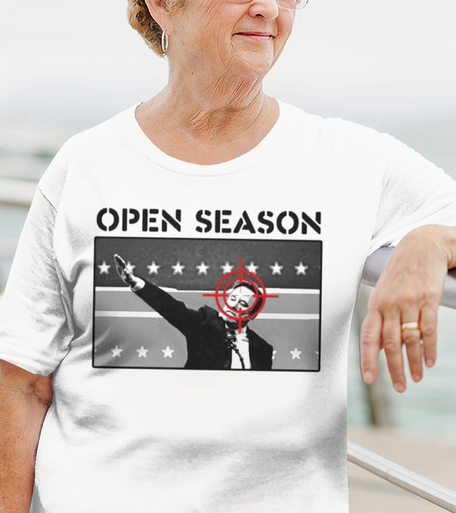 Unrecognizable Figure With Target Overlay Open Season Text T-Shirt