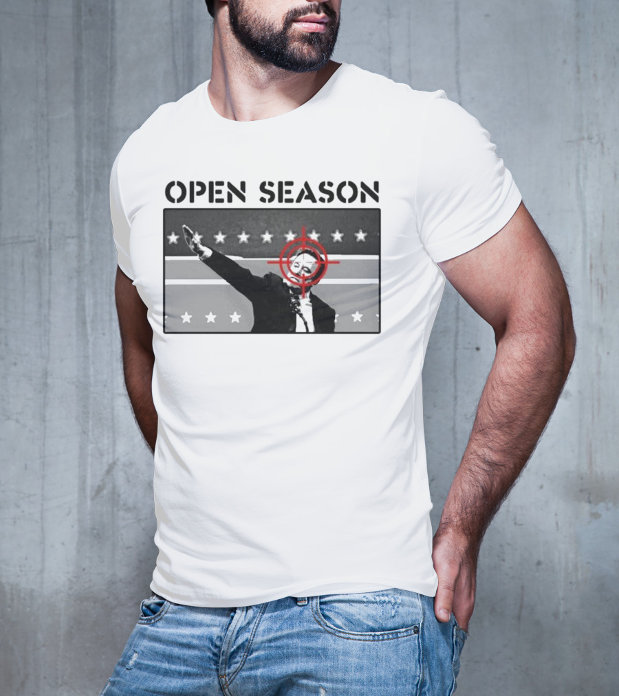 Unrecognizable Figure With Target Overlay Open Season Text T-Shirt