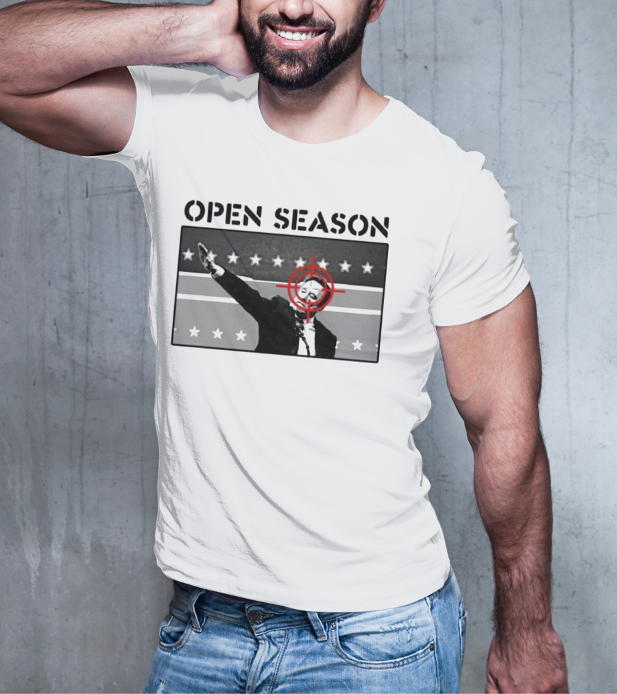 Unrecognizable Figure With Target Overlay Open Season Text T-Shirt