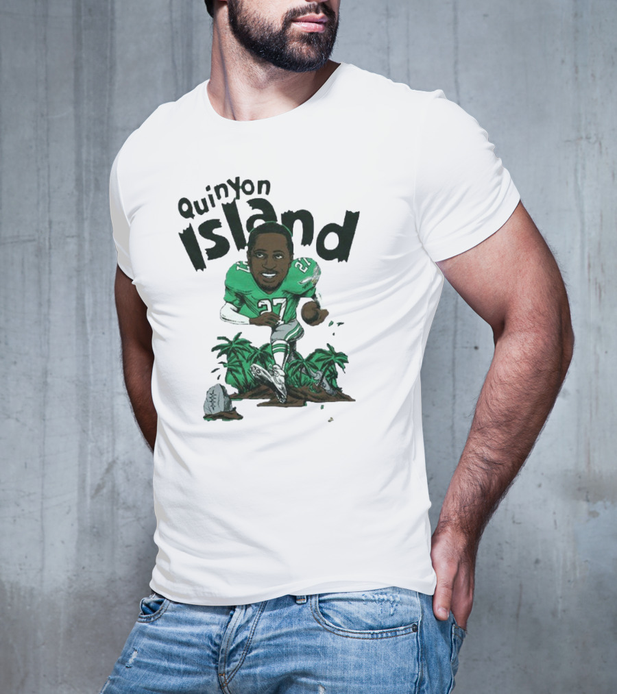 Quinyon Island Eagle 27 Football Player Running With Palm Trees And Rocks T-Shirt