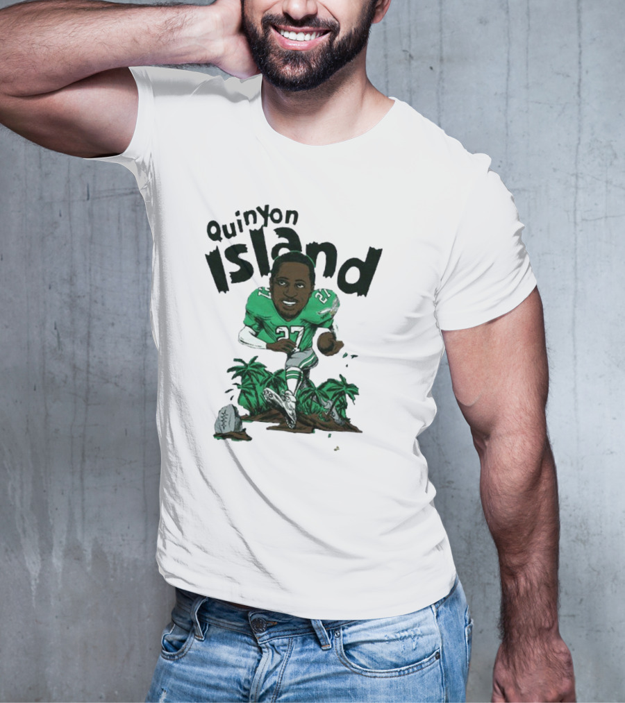 Quinyon Island Eagle 27 Football Player Running With Palm Trees And Rocks T-Shirt