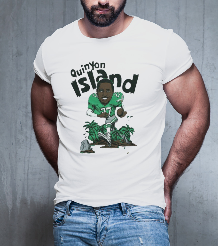 Quinyon Island Eagle 27 Football Player Running With Palm Trees And Rocks T-Shirt