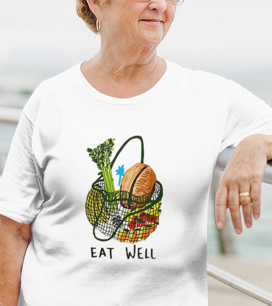 Eat Well Groceries In Mesh Bag With Baguette Broccoli Tomato T-Shirt