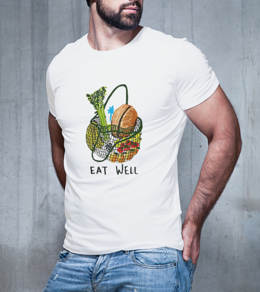Eat Well Groceries In Mesh Bag With Baguette Broccoli Tomato T-Shirt
