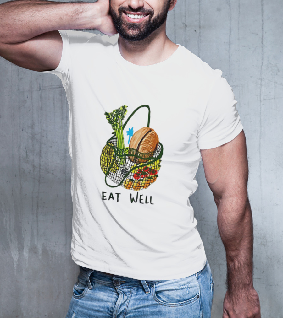Eat Well Groceries In Mesh Bag With Baguette Broccoli Tomato T-Shirt
