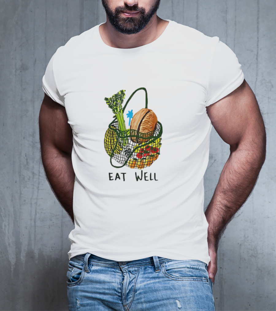 Eat Well Groceries In Mesh Bag With Baguette Broccoli Tomato T-Shirt
