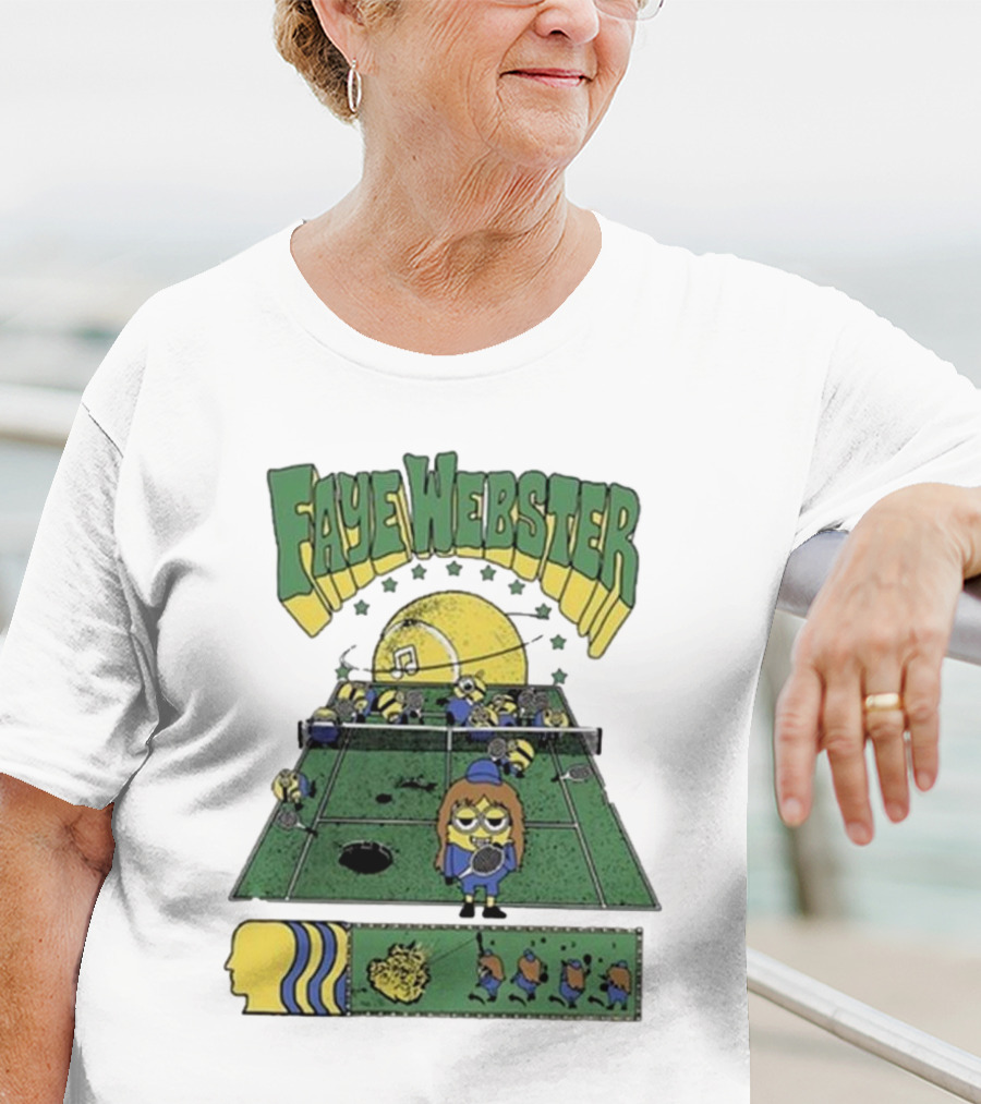 Faye Webster Brain Dead Tennis Court Scene With Yellow Characters And Sports Imagery T-Shirt