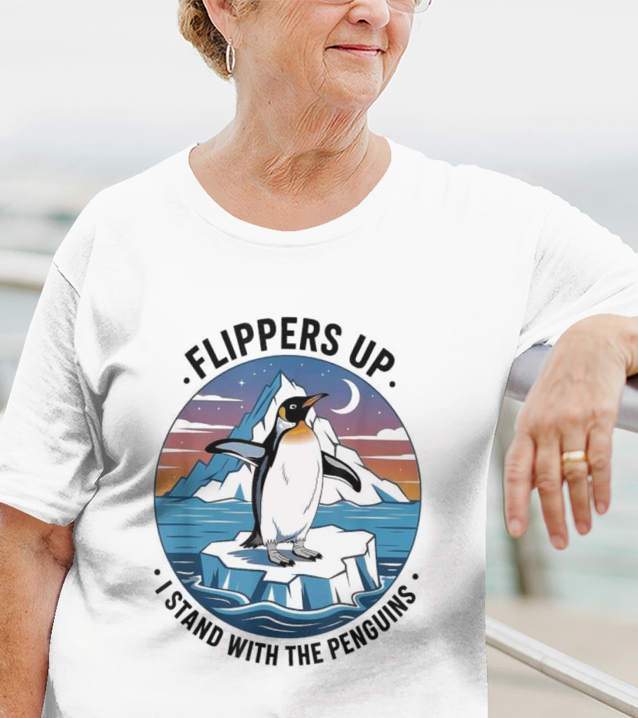 Flippers Up I Stand With The Penguins Iceberg Sunset Scene T-Shirt